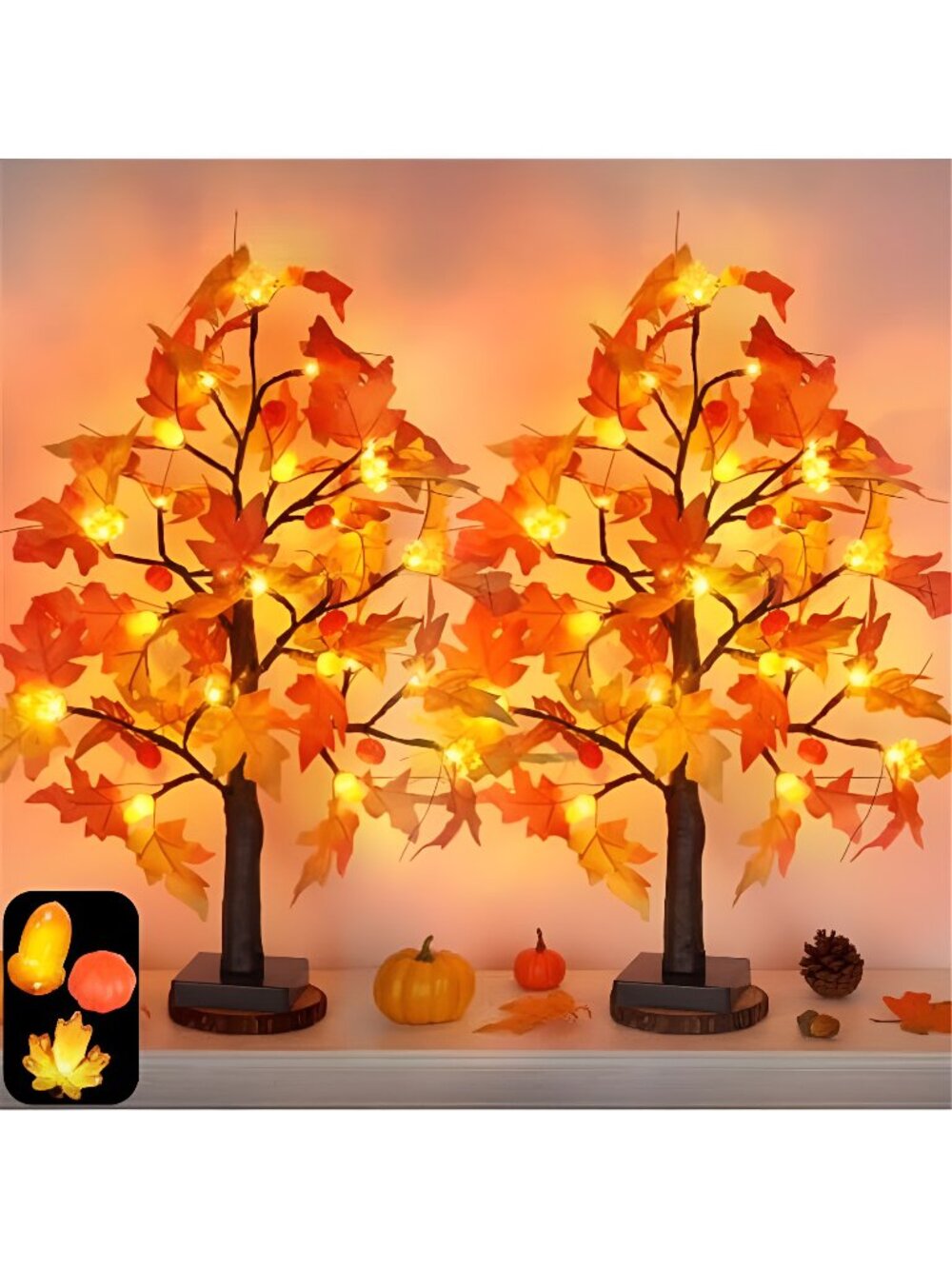 2 Pack 24 Inch Maple Tree Fall Thanksgiving Table Decorations with 48LED